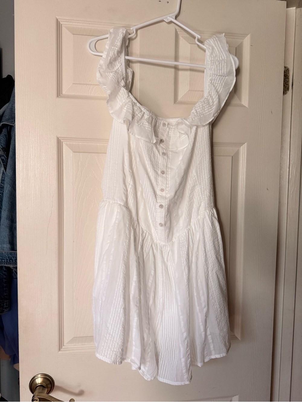 AE aerie White Ruffle Neck Button-Front romper dress